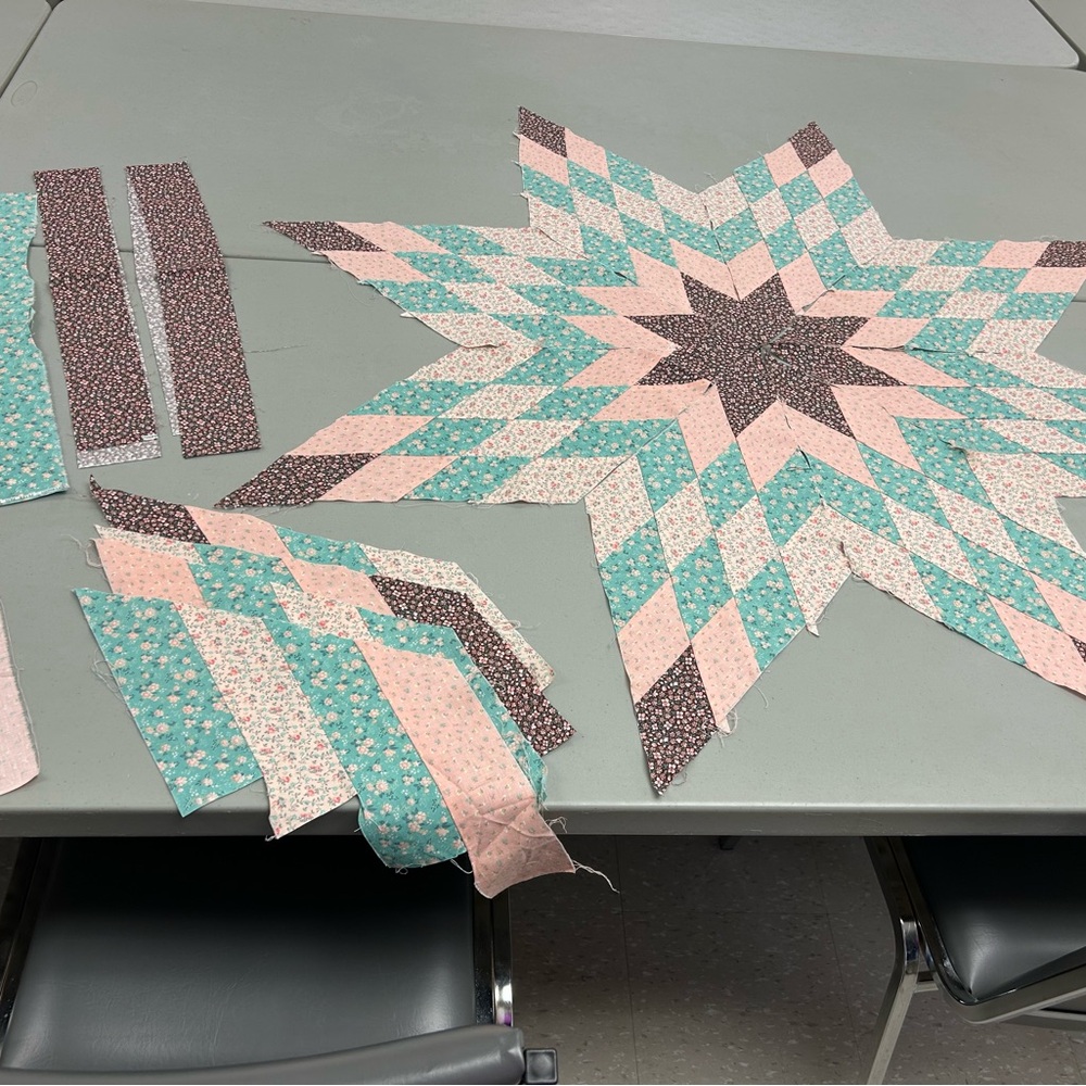 New Homemade Patchwork Elegant Star Quilt Blocks in Pink, Mint, & Brown